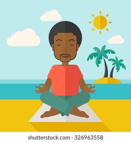 An African American man meditating in lotus pose on the beach vector flat design illustration. Square layout.