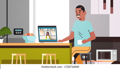 african american man meeting with mix race friends during video call coronavirus quarantine stay home concept people having virtual fun live conference kitchen interior horizontal portrait vector