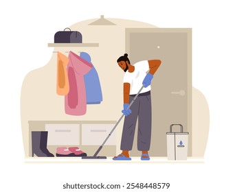 African American man mopping the floor in the hallway flat vector illustration. House chores.