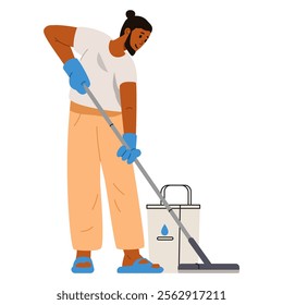 African American man mopping the floor flat vector illustration isolated on white. House chores.