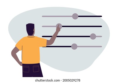 African American man moves different sliders. Black guy adjusts various parameters. Concept of custom settings. User customize settings. System adjust, control panel. Back view. Vector illustration
