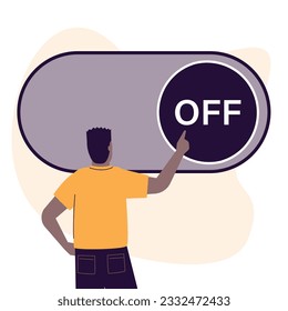 African american man moves slider. Turn off mobile gadget or customize settings. Black guy user adjusts parameters. Concept of custom settings. System adjust, control panel. Back view. flat vector 