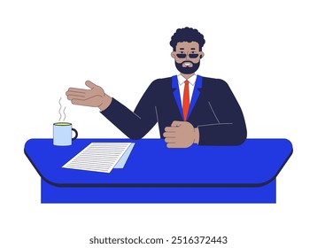 African american man news anchor talking 2D cartoon character. Black anchorman sitting at desk with papers coffee mug isolated person flat vector on white background. Spot illustration colorful