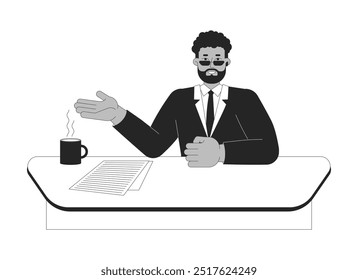 African american man news anchor talking black and white 2D line character. Black anchorman sitting at desk with papers coffee mug isolated vector outline person. Monochromatic spot illustration