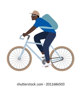 African american man on white bike. Vector side view illustration, isolated on white background. Summer sport themed image. Package delivery. Cartoon style.