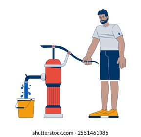 African american man operating hand water pump bucket 2D cartoon character. Rural water supply. Simple living. Black guy isolated person flat vector on white background. Spot illustration colorful
