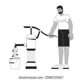 African american man operating hand water pump bucket black and white 2D line character. Rural water supply. Simple living. Black guy isolated vector outline person. Monochromatic spot illustration