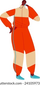 African American man in orange tracksuit with headphones. Confident male listening to music, leisure time activities vector illustration.