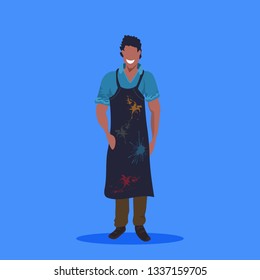 african american man painter in dark apron standing pose happy male cartoon character full length flat blue background