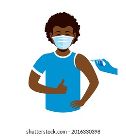 African American Man Patient During Coronavirus Vaccine Injection Vector. Black Man Wearing Medical Mask On Face And With Thumb Up Icon. Young Man Getting Covid-19 Vaccine Shot Icon