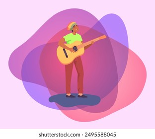 Hombre afroamericano tocando guitarra y cantando. Hombre cantando en la Ilustración vectorial plana de la fiesta de reggae. Música, entretenimiento, concepto de Jamaica para el Anuncio