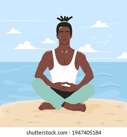 African american man practices yoga by the sea. Young guy sits on the beach in the lotus position. The concept of relaxation and asana on vacation. Flat vector illustration.