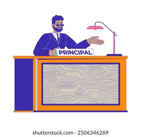 African american man principal at desk 2D cartoon character. Black male director of discipline isolated flat vector person white background. School personnel job color spot illustration