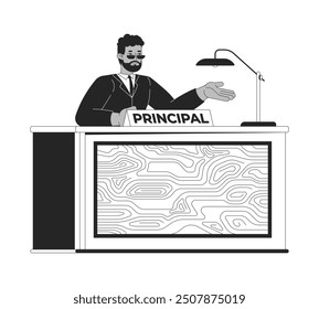 African american man principal at desk black and white 2D line cartoon character. Male director of discipline isolated vector outline person. School personnel job monochromatic flat spot illustration