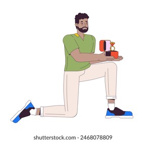 Hombre afroamericano que propone el personaje de dibujos animados lineal 2D. Hombre negro con anillo de compromiso de pie en una rodilla aislada línea de Vector persona fondo blanco. Ilustración de mancha plana de color romántico