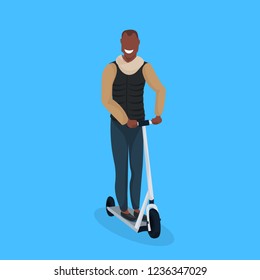 african american man ride electric scooter guy wear winter clothes male cartoon character full length flat vector illustration