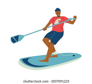 African american man riding on paddleboard flat cartoon vector illustration isolated on white background. Paddle boarding or stand up paddling water sport.