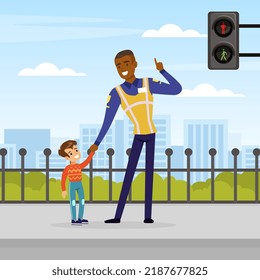 African American Man Road Police Officer Holding Kid By Hand Crossing The Street With Light Vector Illustration