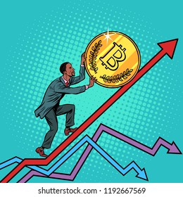 African American man roll a bitcoin coin up. Pop art retro vector illustration vintage kitsch