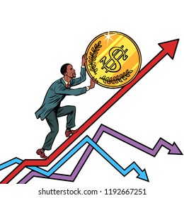 African American man roll a USA dollar coin up. isolate on white background. Pop art retro vector illustration vintage kitsch