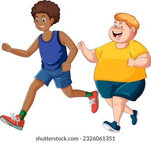 Hombre afroamericano haciendo ejercicio con ilustración de un amigo caucásico