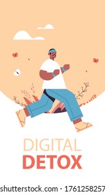 african american man running guy spending time without gadgets digital detox healthy lifestyle concept abandoning internet and social networks full length vertical vector illustration
