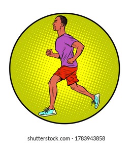 African American man running, sports jog. Pop art retro vector illustration vitch vintage 50s 60s style