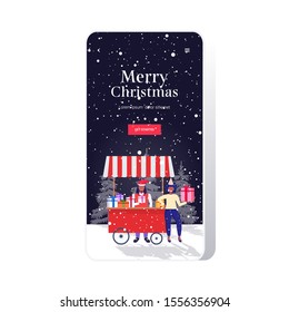 african american man in santa hat selling present boxes s on christmas market or fair winter holidays concept smartphone screen online mobile app full length sketch vector illustration