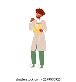 African American Man Scientist with Pen and Clipboard Conducting Scientific Research Vector Illustration