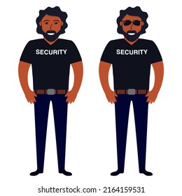 African American Man Security Guard Of Nightclub.Face Control.Bouncer In Sunglasses.Character Cartoon Vector Illustration.Security Guy Suit For A Shirt And Trousers.Isolated On White Background.