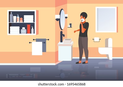 african american man shaving face with foam skin care concept bathroom interior horizontal full length vector illustration