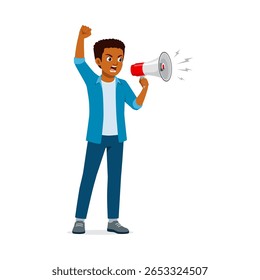 African American Man Shouting into Megaphone Raising Arm with Angry Expression in Illustration