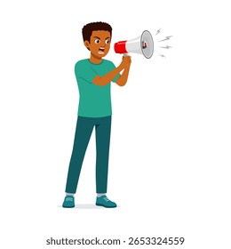 African American man shouting into megaphone with angry expression and announcement for sale