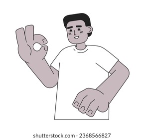 African american man showing all is well monochromatic flat vector character. Okay gesture. Editable thin line half body person on white. Simple bw cartoon spot image for web graphic design