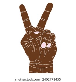 African American man shows a victory gesture. Hand Drawn. Freehand drawing. Doodle. Sketch. Outline. Coloring book.