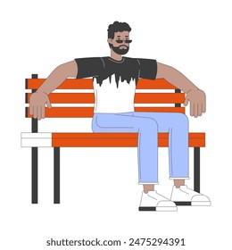 Hombre afroamericano sentado en el banco 2D lineal personaje de dibujos animados. Hombre negro que descansa en el asiento aislado de la línea de Vector de la persona de fondo blanco. Equipo del parque para los visitantes ilustración de la mancha plana del color