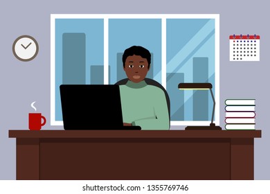 African American man sitting at table and working in office. Vector illustration.