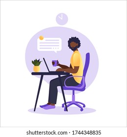 African american man sitting table with laptop. Working on a computer. Freelance, online education or social media concept. Freelance or studying concept. Flat style. Vector illustration.