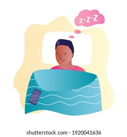 African american man is sleeping on the bed. Top view. Bedroom interior with furniture. Handsome male character is resting at night. Bedtime, banner. Flat vector illustration