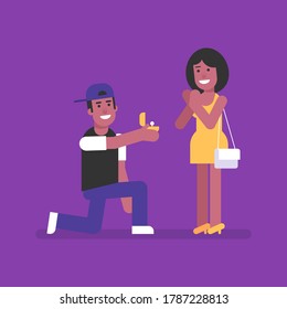 African American man standing on one knee in front of girl and gives an engagement ring. Flat people. Vector Illustration