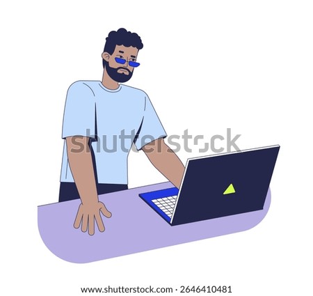 African american man standing and working on laptop 2D cartoon character. Bearded freelancer black guy in sunglasses leaning over desk flat vector person isolated on white. Spot illustration colorful