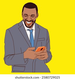 An African American man in a stylish grey suit, smiling as he looks at his phone, exuding confidence and positivity in a modern professional setting.