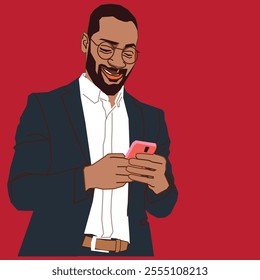 African American man in a suit reading his mobile phone messages looking satisfied 