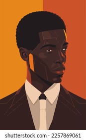 African american man in suit and tie on orange background. Vector illustration. flat color cartoon style portrait poster