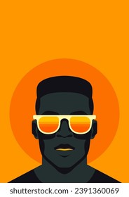 African American man in sunglasses portrait abstract orange yellow sun poster vector flat illustration. Afro modern male face power brave strong support ethnic equality fashion canvas t shirt print