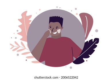 African American man takes care of skin. Black male applying beauty product. Concept of care and improving condition of skin. Cosmetics cream, scrub or face mask. Cruelty free. Vector illustration