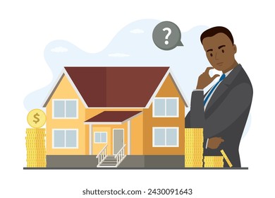 Un hombre afroamericano piensa en la hipoteca. Comprar una casa moderna, préstamo. Esclavitud crediticia. Difícil decisión. Invertir en bienes raíces. Banner de concepto de hipoteca. Ilustración vectorial plana