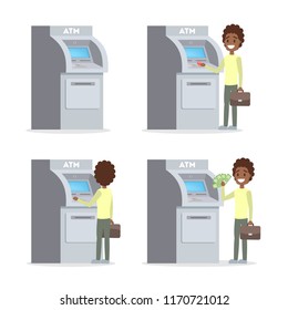 African american man using ATM machine. Guy insert credit card, dialing pin code and withdraw pile of money. Happy bank customer. Flat vector illustration