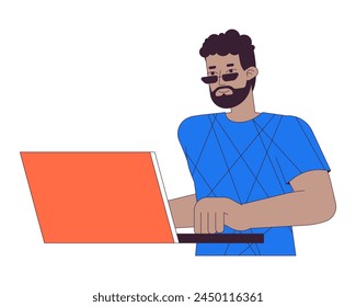 Hombre afroamericano que usa el ordenador portátil 2D lineal personaje de dibujos animados. Hombre negro en gafas de sol en la línea aislada de la computadora de la persona de Vector de fondo blanco. Ilustración de punto plano de color de Internet de navegación