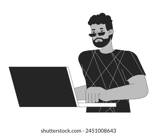 Hombre afroamericano que usa el ordenador portátil blanco y negro 2D línea de dibujos animados personaje. Hombre negro en gafas de sol en la computadora aislada de la persona del contorno del Vector. Navegando por internet monocromática ilustración de punto plano